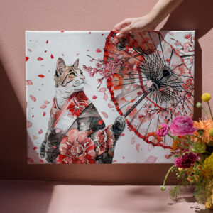 raxxa Canva: Elegant Geisha Cat with Red Umbrella and Cherry Blossoms Asian Ink Art