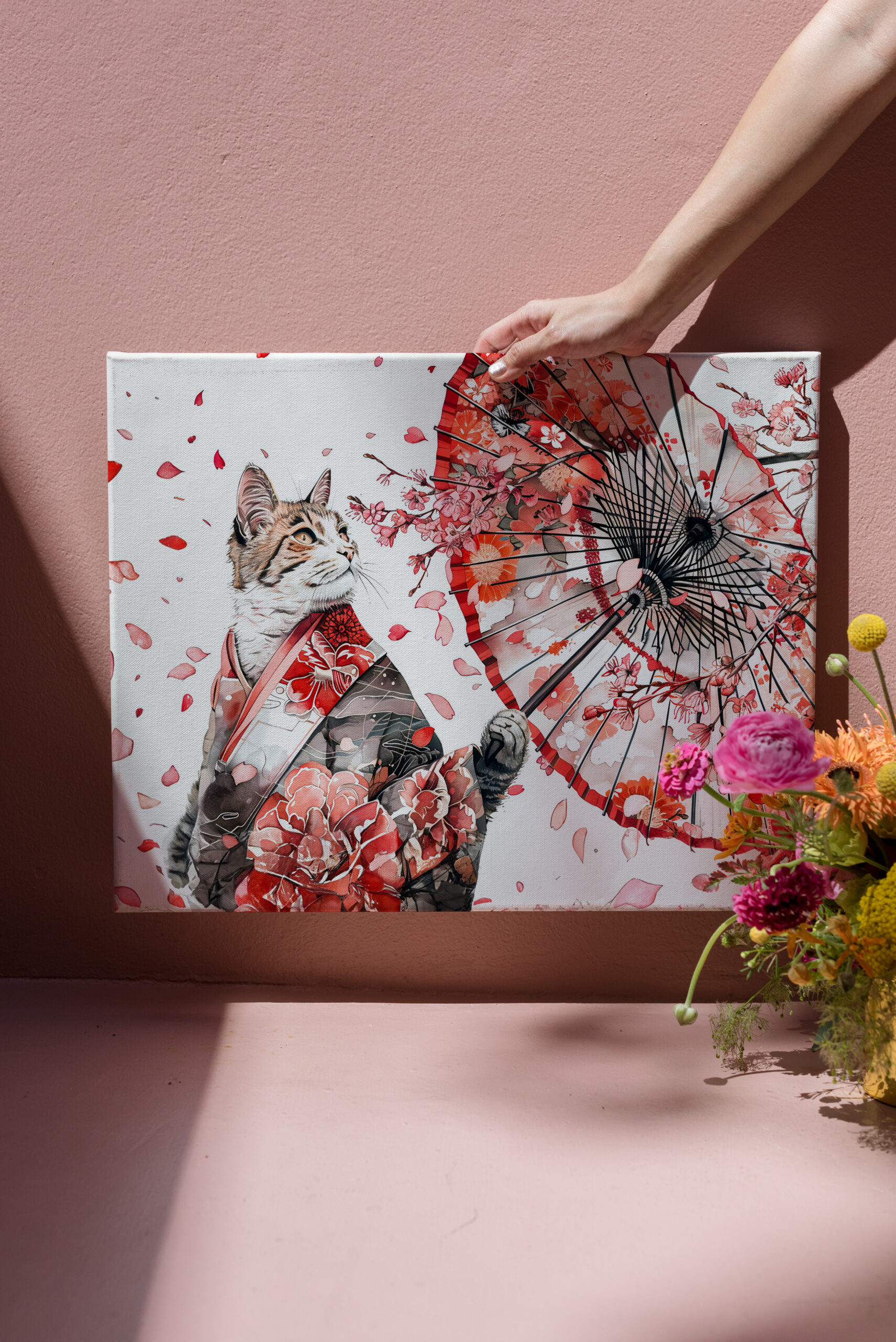 raxxa Canva: Elegant Geisha Cat with Red Umbrella and Cherry Blossoms Asian Ink Art