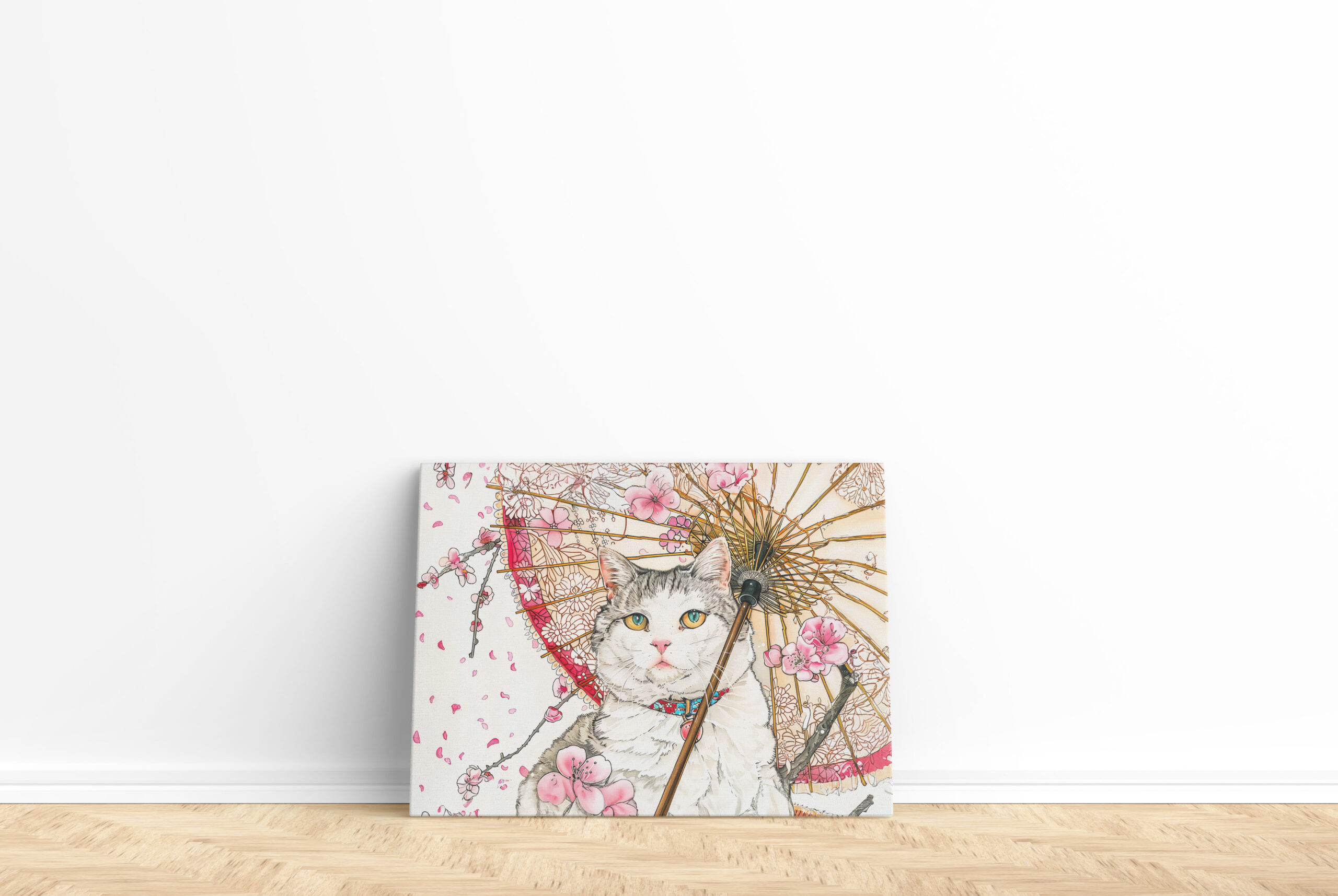 raxxa Canva: Geisha Cat with Parasol and Cherry Blossoms in Chinese Ink Painting – Bild 2