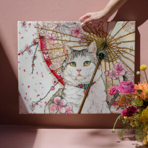 raxxa Canva: Geisha Cat with Parasol and Cherry Blossoms in Chinese Ink Painting