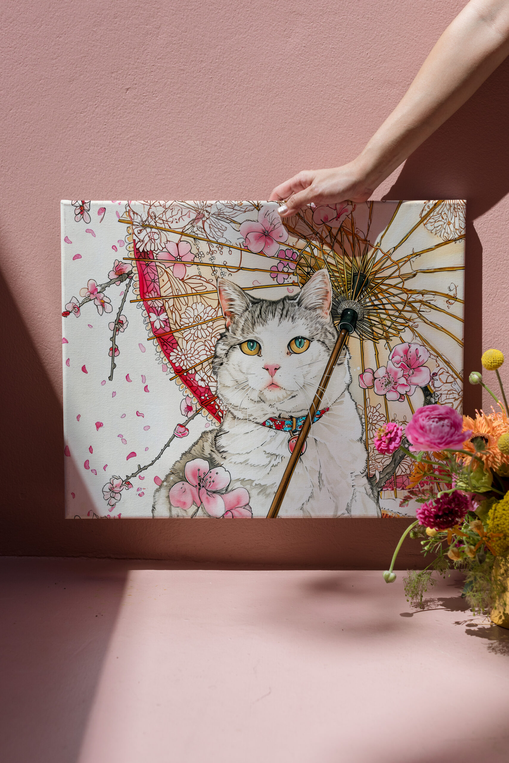 raxxa Canva: Geisha Cat with Parasol and Cherry Blossoms in Chinese Ink Painting