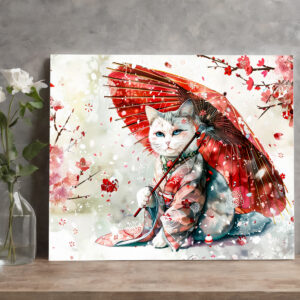 raxxa Canva: Mysterious Geisha Cat with P Red Parasol in Chinese Ink Painting Style