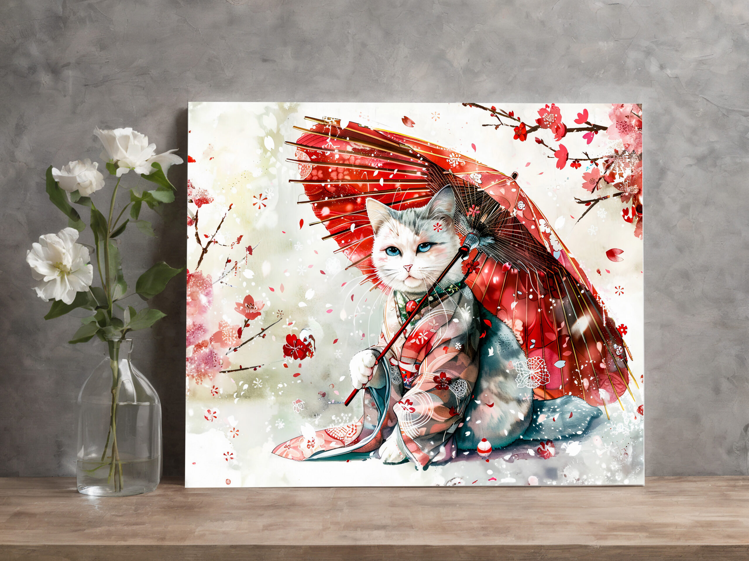 raxxa Canva: Mysterious Geisha Cat with P Red Parasol in Chinese Ink Painting Style