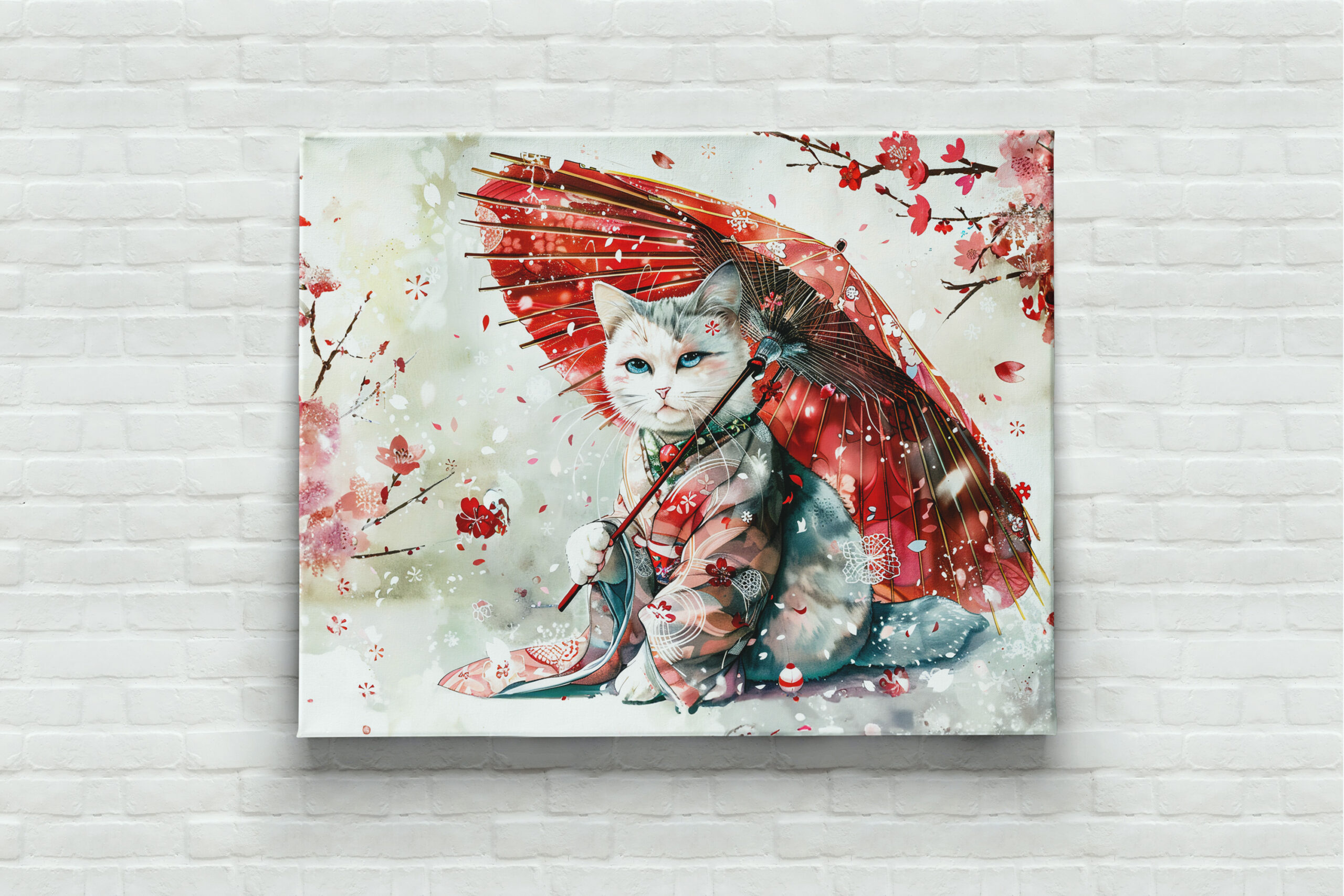 raxxa Canva: Mysterious Geisha Cat with P Red Parasol in Chinese Ink Painting Style - Imagen 2