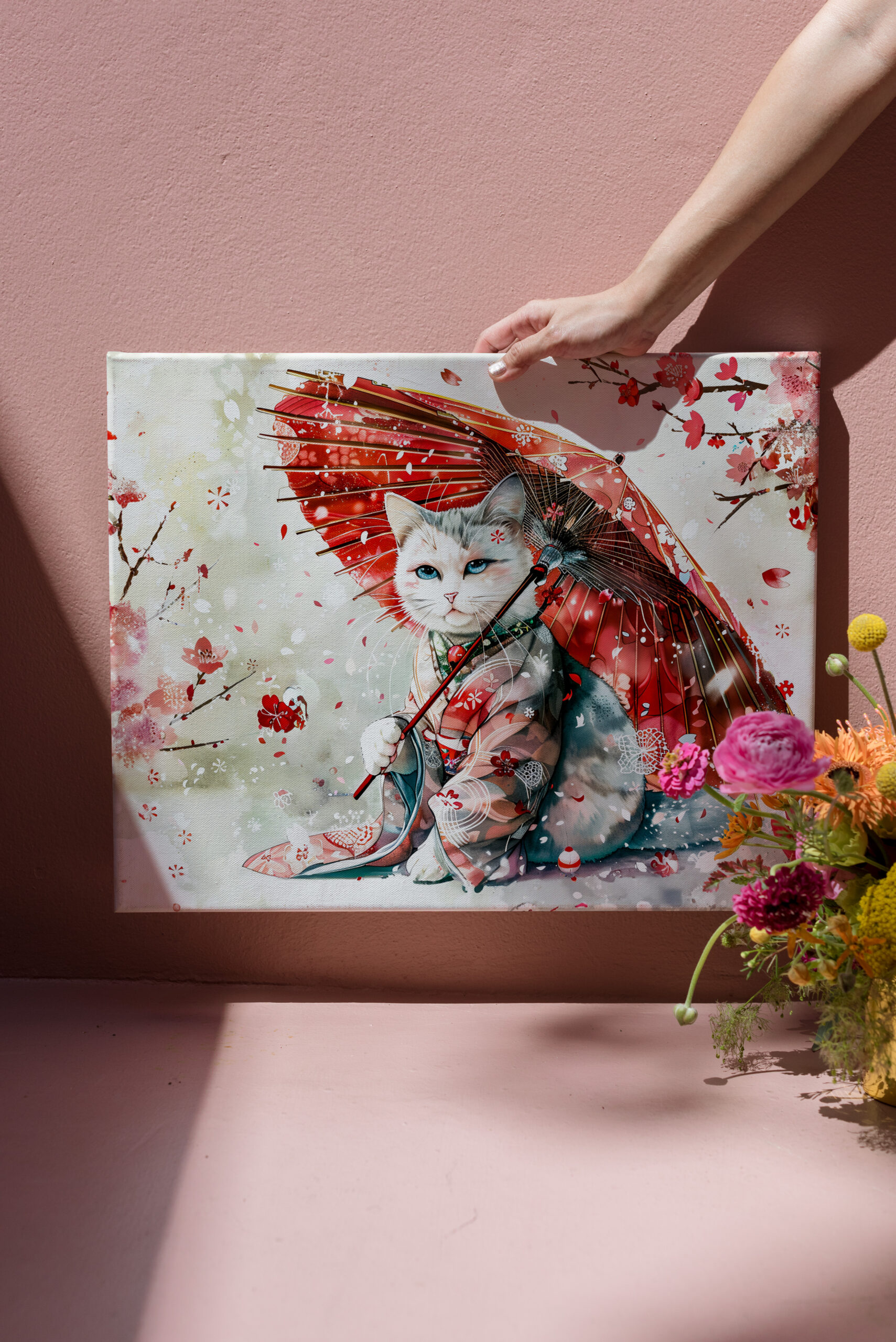 raxxa Canva: Mysterious Geisha Cat with P Red Parasol in Chinese Ink Painting Style - Imagen 3