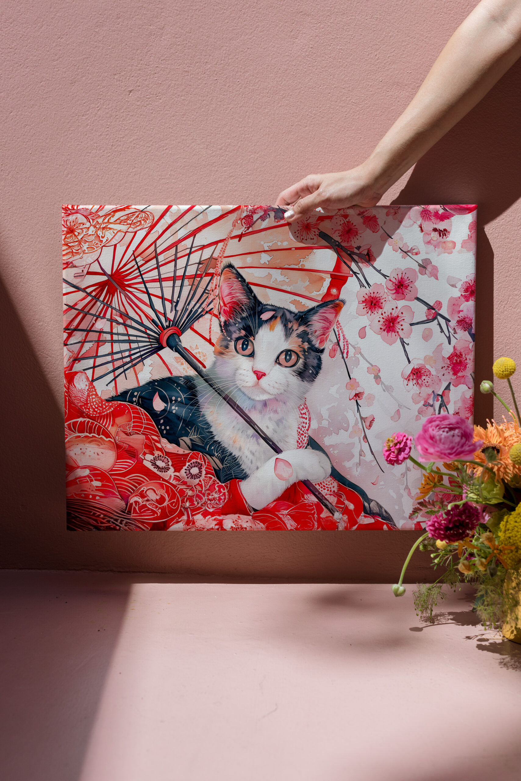 raxxa Canva: Geisha Cat with Umbrella in Chinese Ink Painting Style