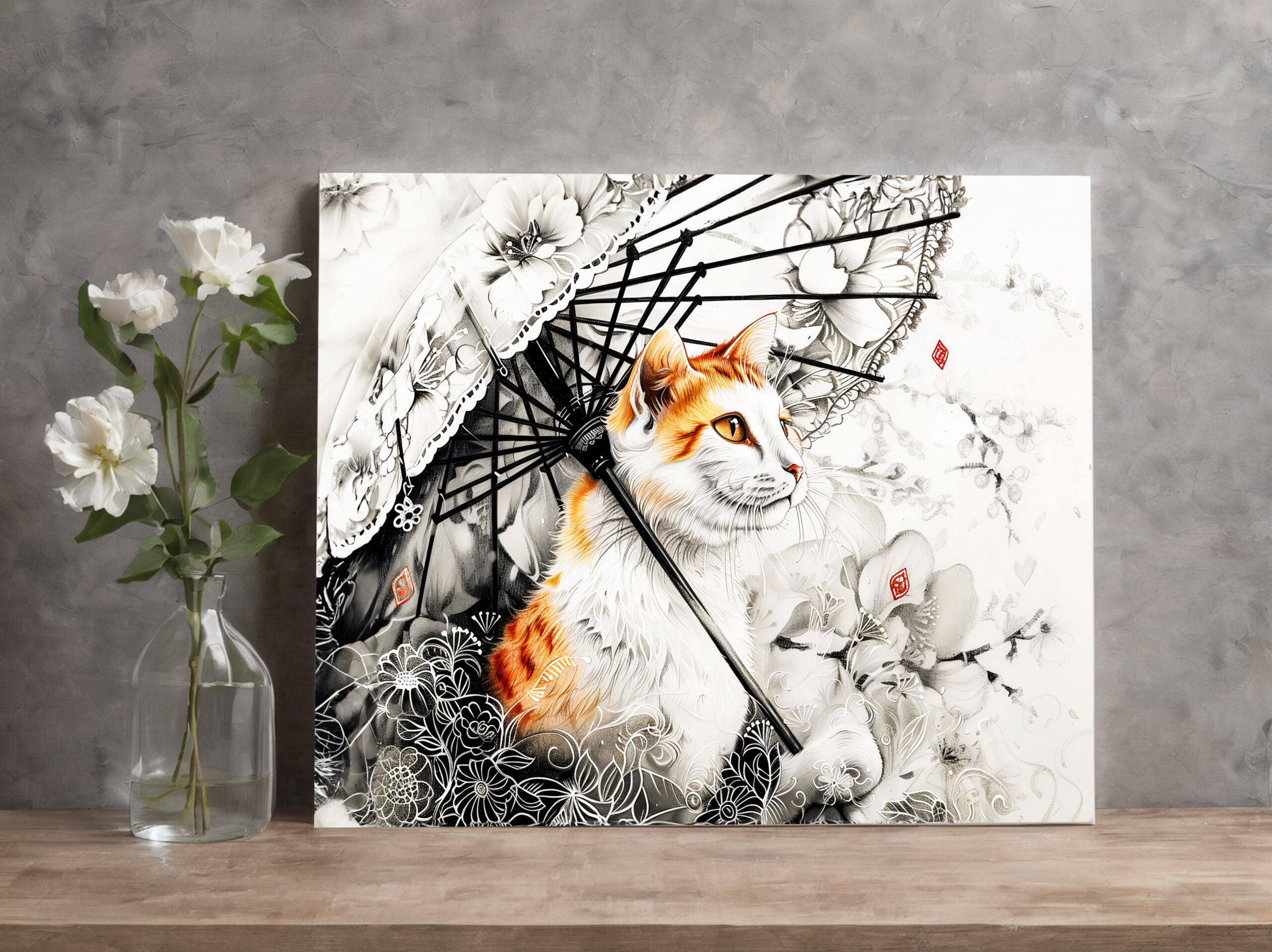raxxa Canva: Graceful Geisha Cat with White Orchids in Chinese Ink Painting Style - immagine 2