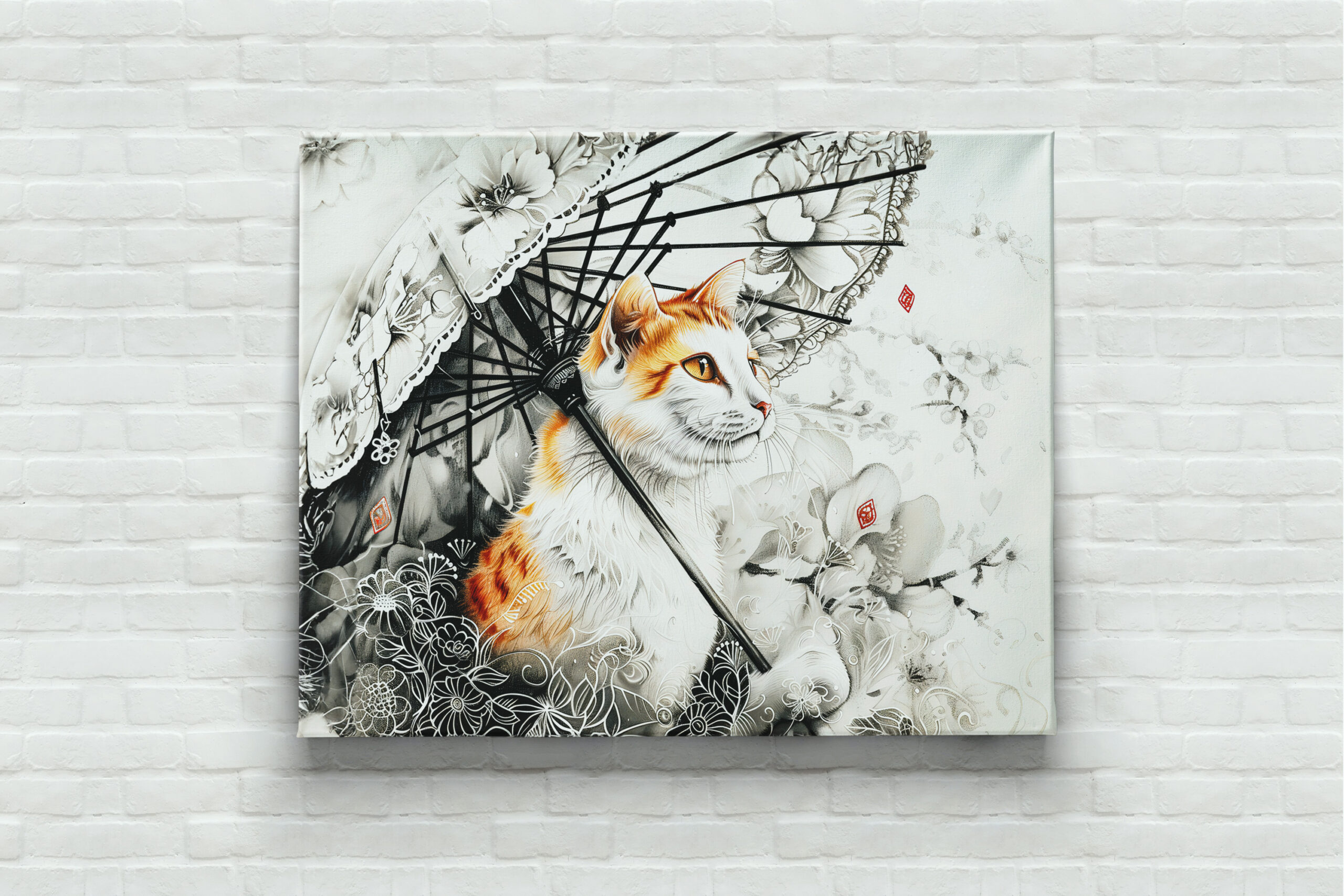 raxxa Canva: Graceful Geisha Cat with White Orchids in Chinese Ink Painting Style - immagine 3