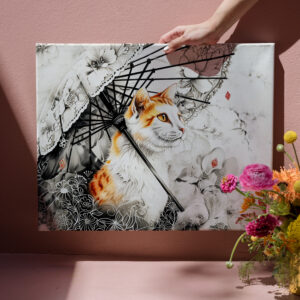 raxxa Canva: Graceful Geisha Cat with White Orchids in Chinese Ink Painting Style