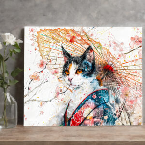 raxxa Canva: Calico Geisha Cat with Red Umbrella in Chinese Ink Painting Style
