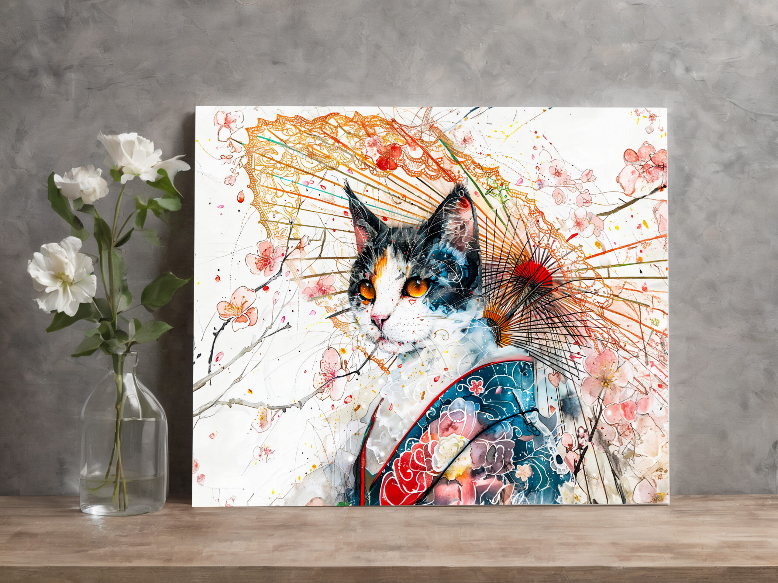 raxxa Canva: Calico Geisha Cat with Red Umbrella in Chinese Ink Painting Style