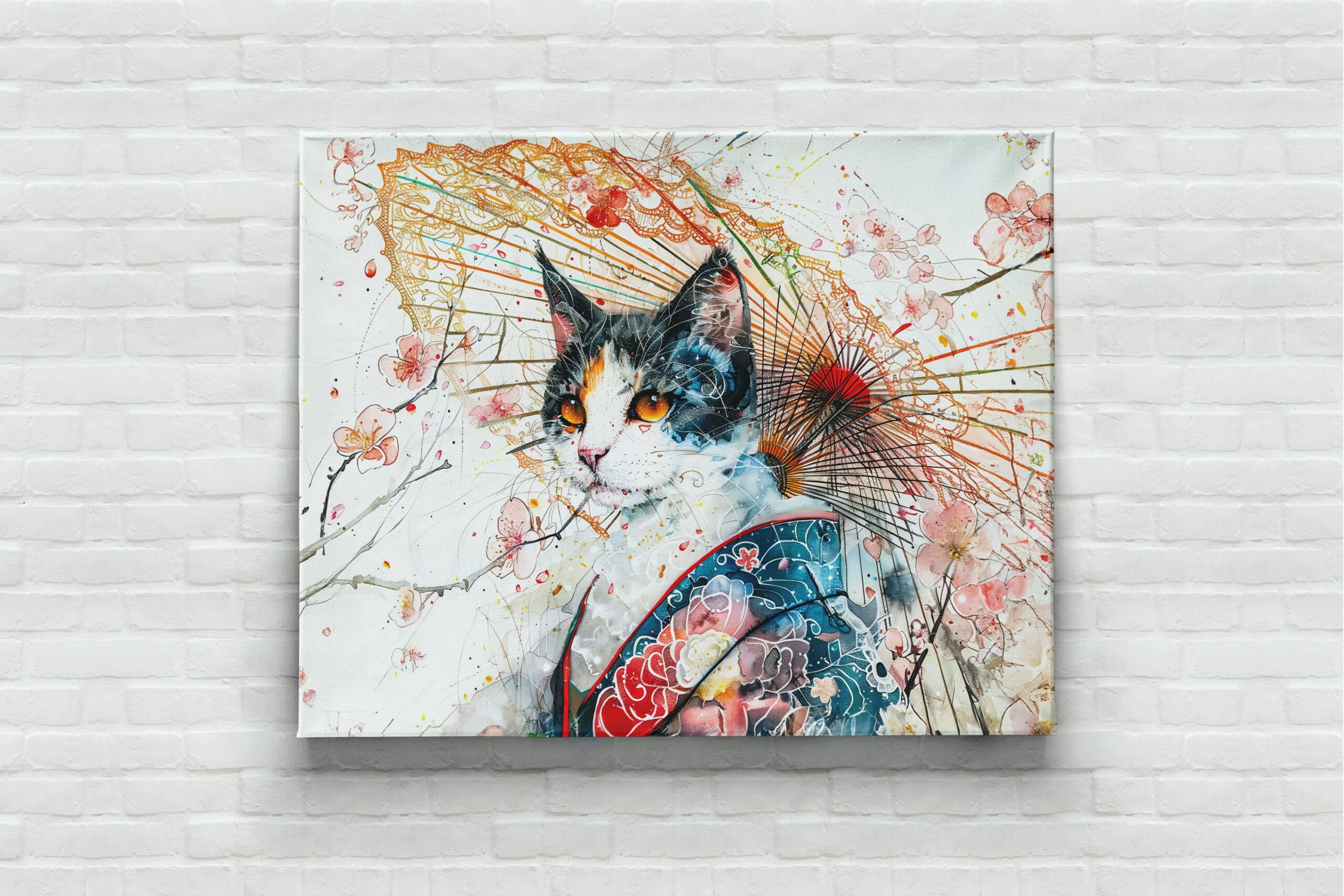 raxxa Canva: Calico Geisha Cat with Red Umbrella in Chinese Ink Painting Style – Image 2