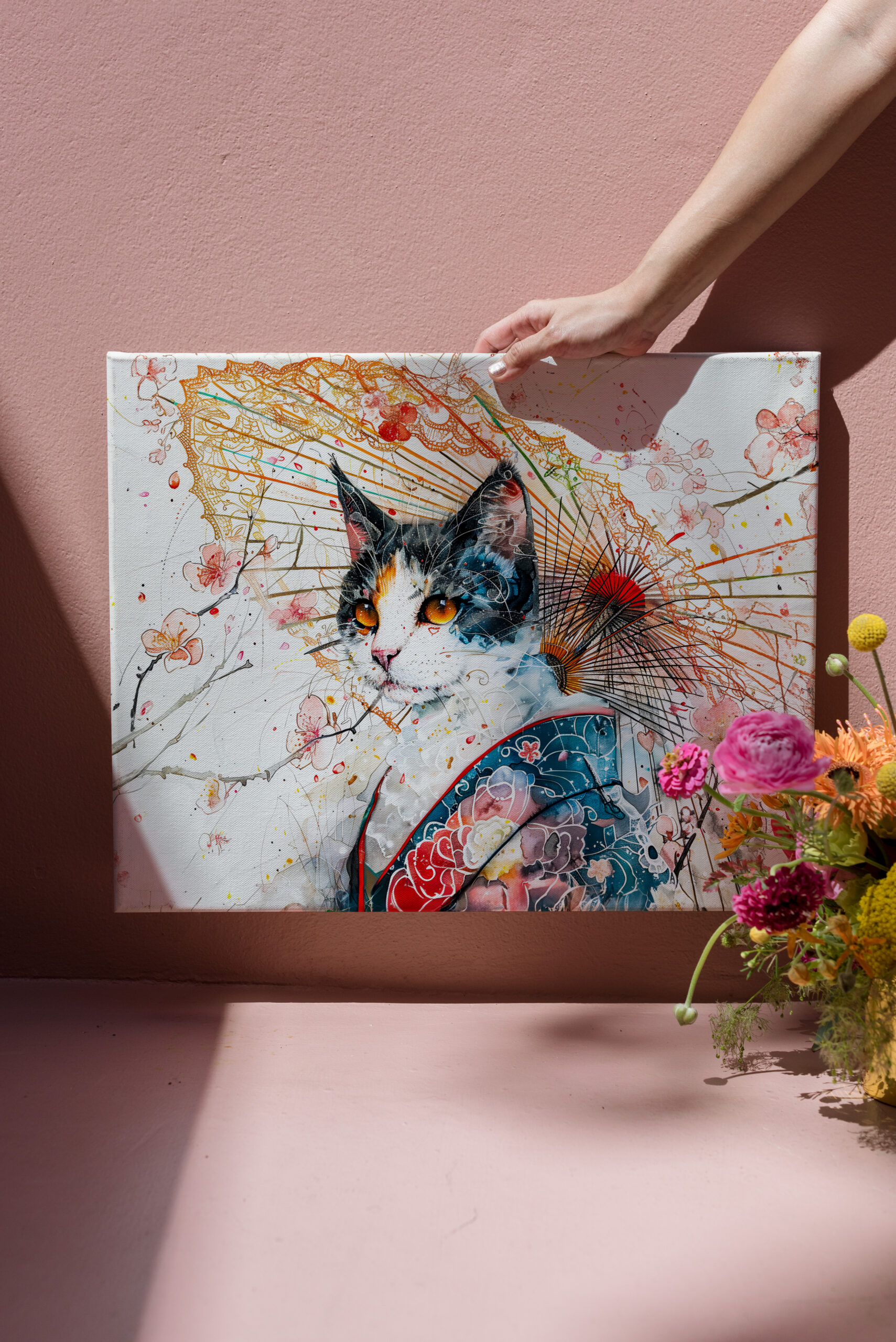 raxxa Canva: Calico Geisha Cat with Red Umbrella in Chinese Ink Painting Style – Image 3