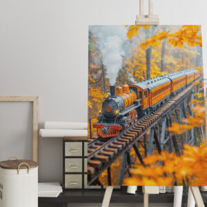 raxxa Canva: Miniature steam train on forest trestle bridge