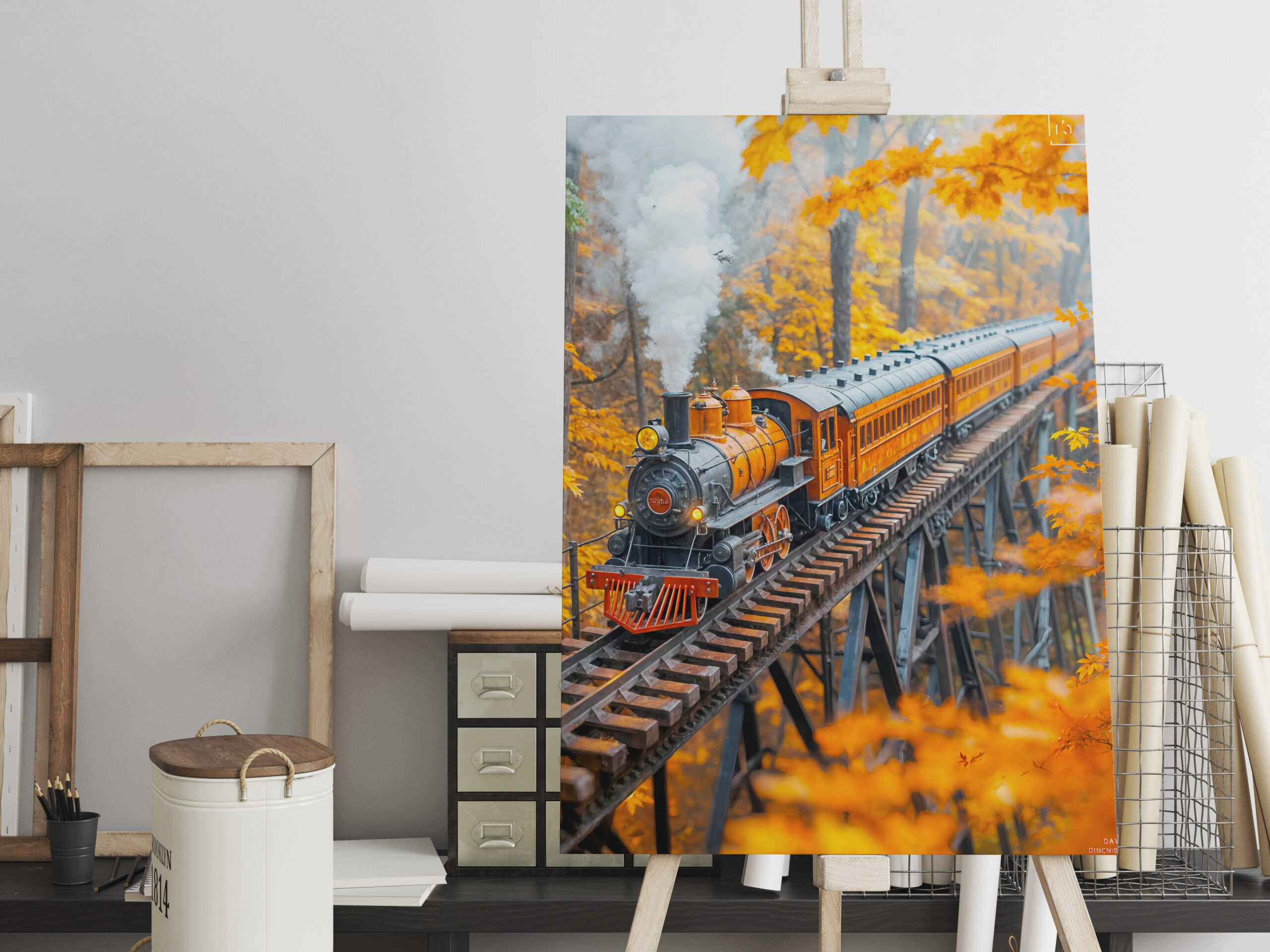raxxa Canva: Miniature steam train on forest trestle bridge