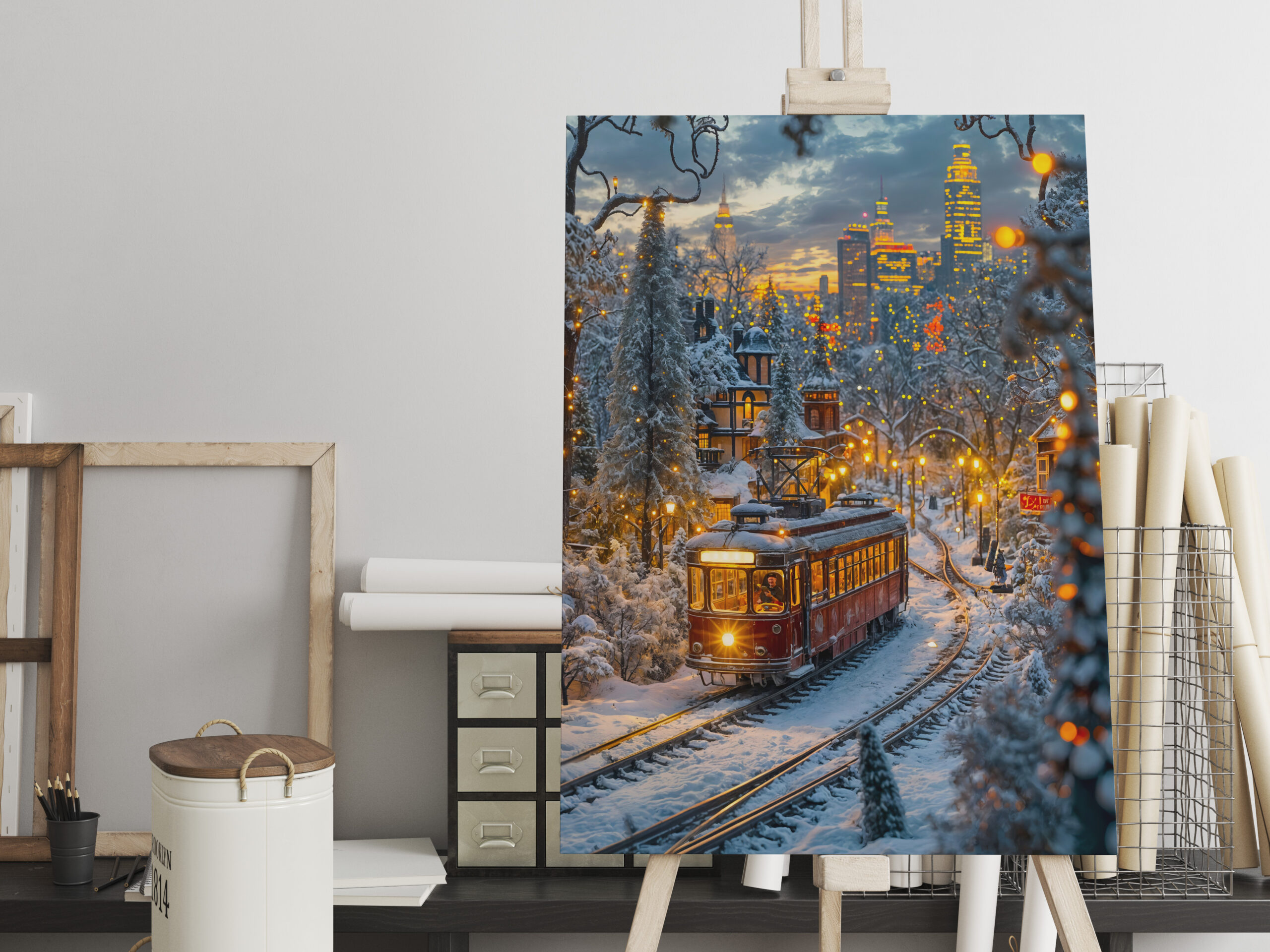 raxxa Canva: Miniature tram in snowy winter city – Bild 2