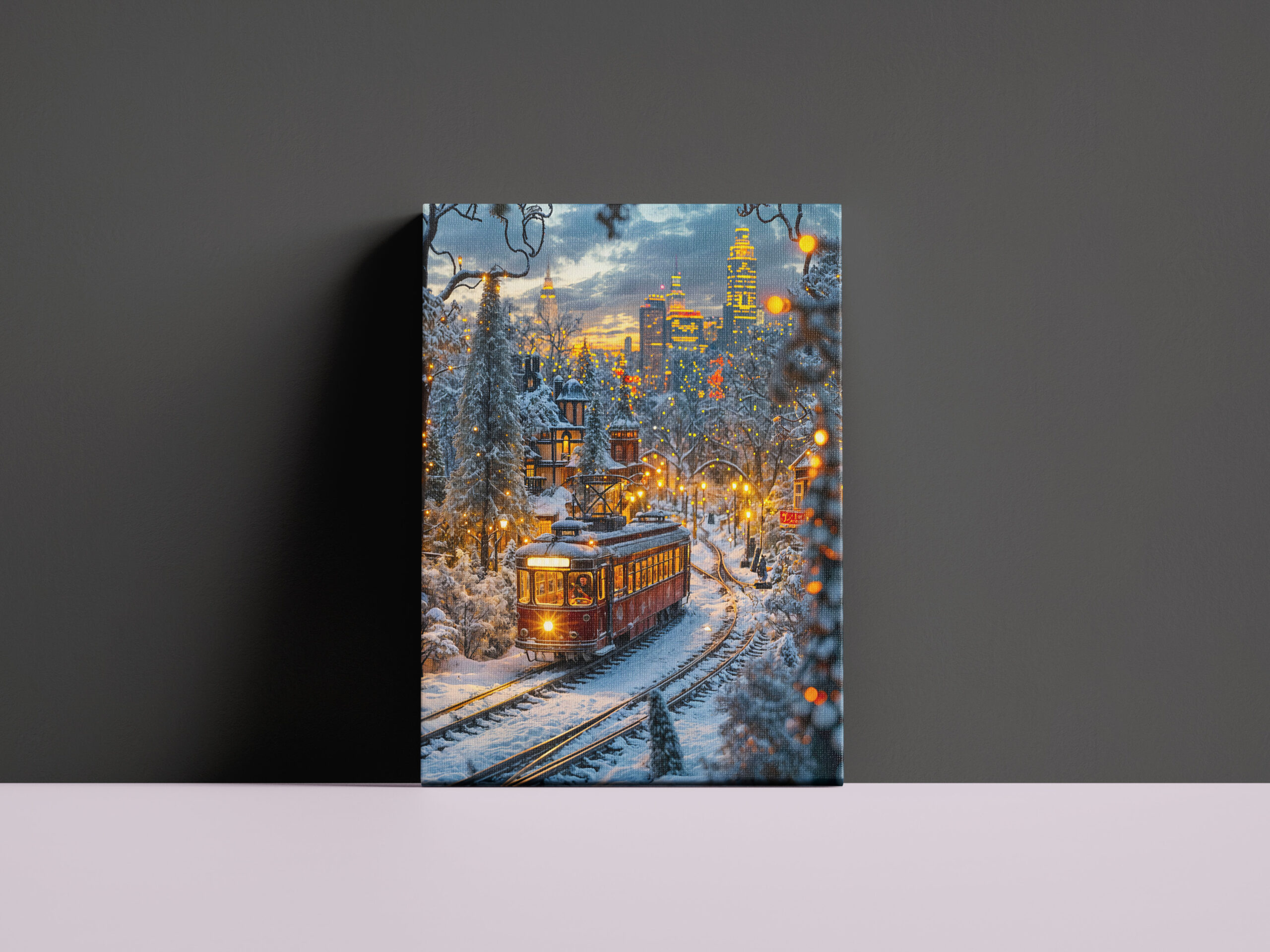 raxxa Canva: Miniature tram in snowy winter city
