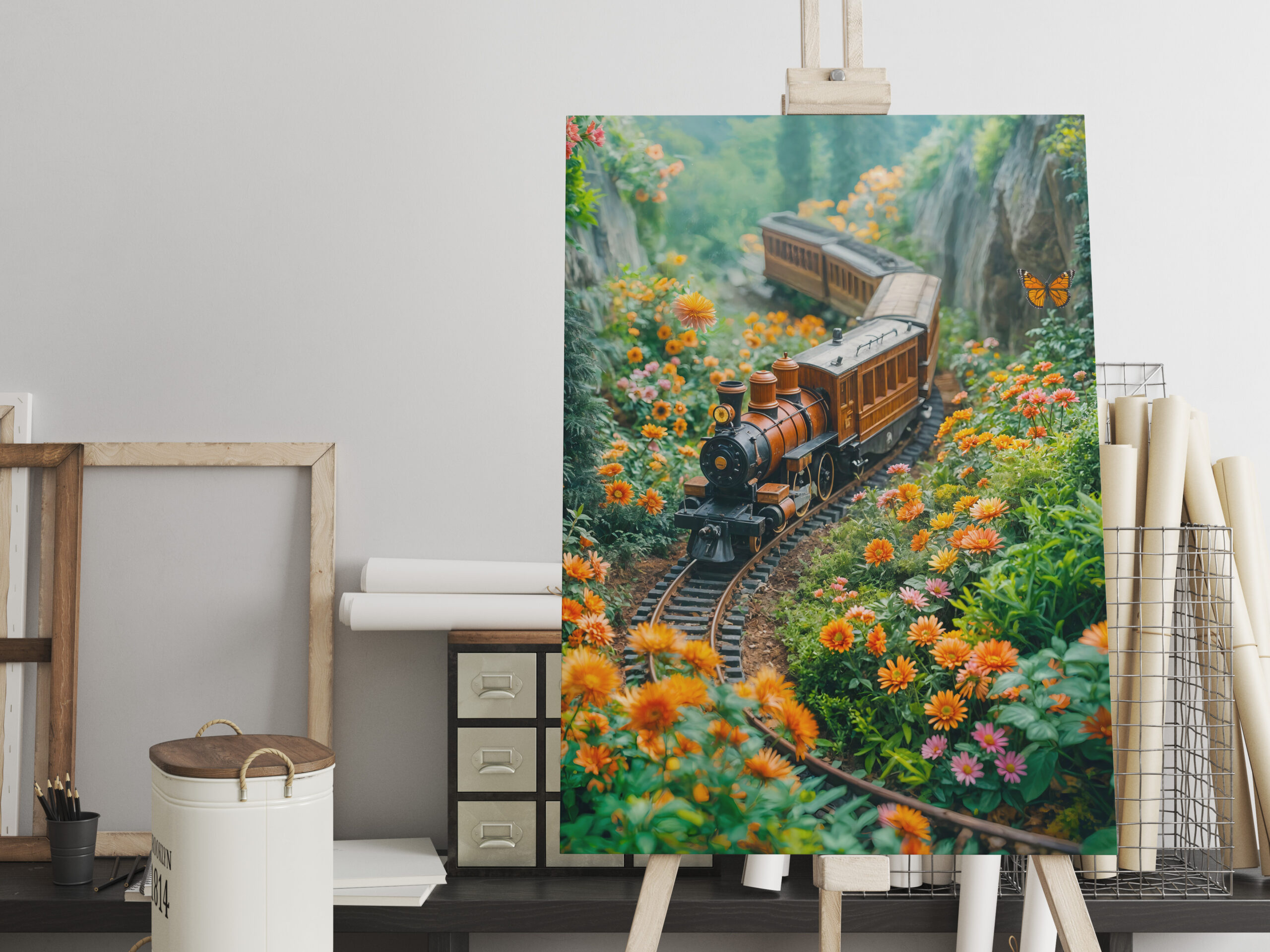 raxxa Canva: Miniature train in vibrant mountain meadow