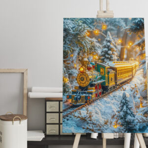 raxxa Canva: Miniature steam train on snowy mountain track