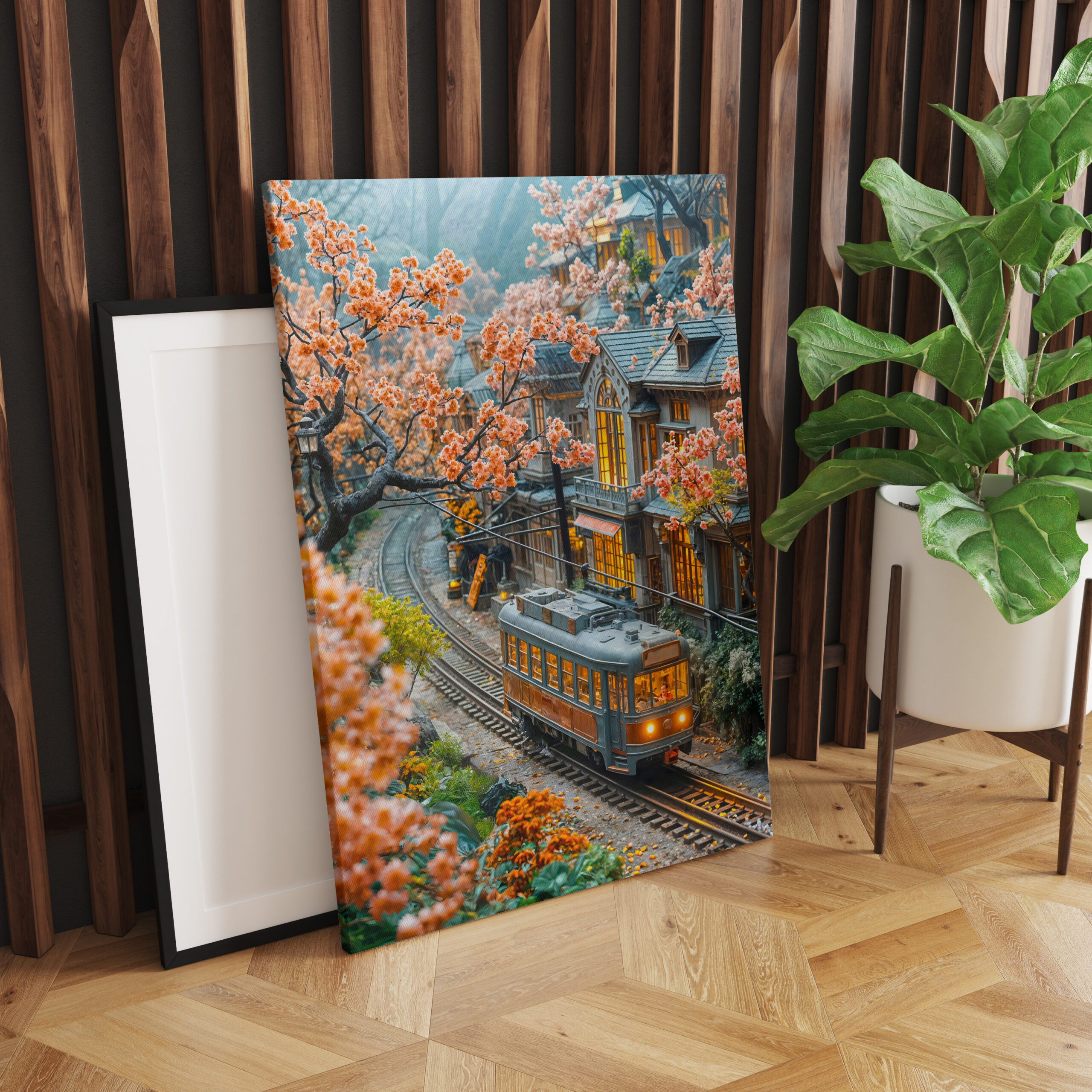 raxxa Canva: Miniature spring train under cherry trees
