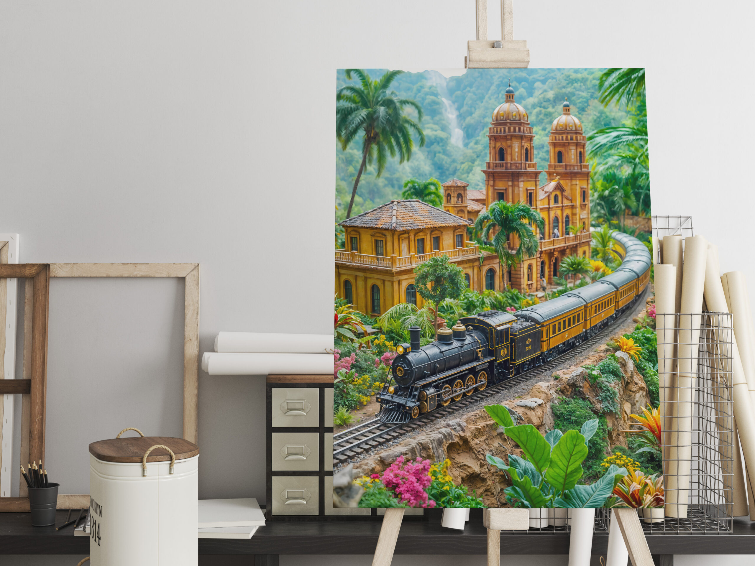 raxxa Canva: Miniature train through tropical palace garden