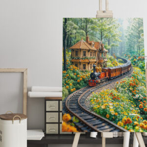 raxxa Canva: Miniature train winding through spring hills