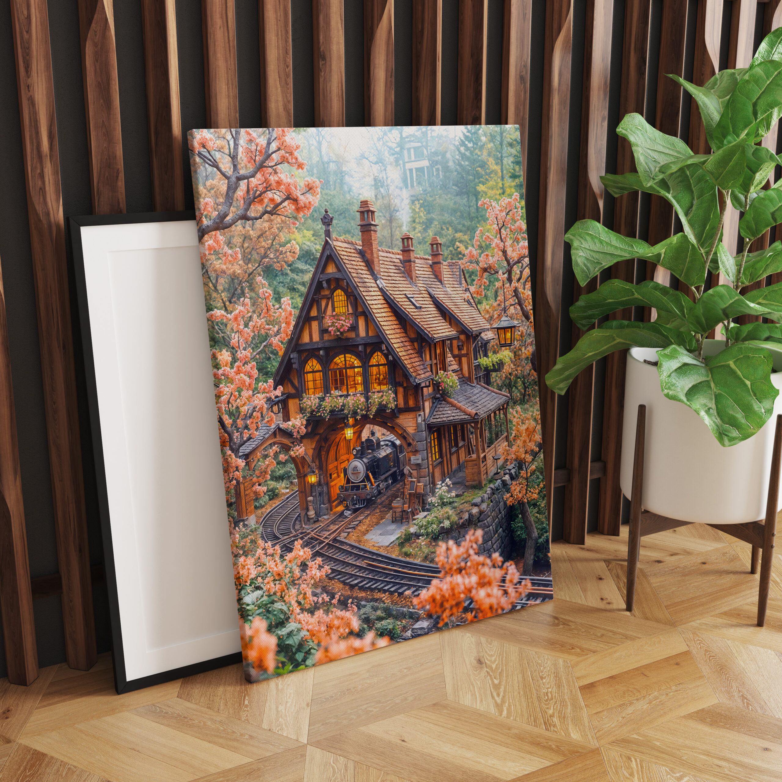 raxxa Canva: Miniature steam train under cherry blossoms