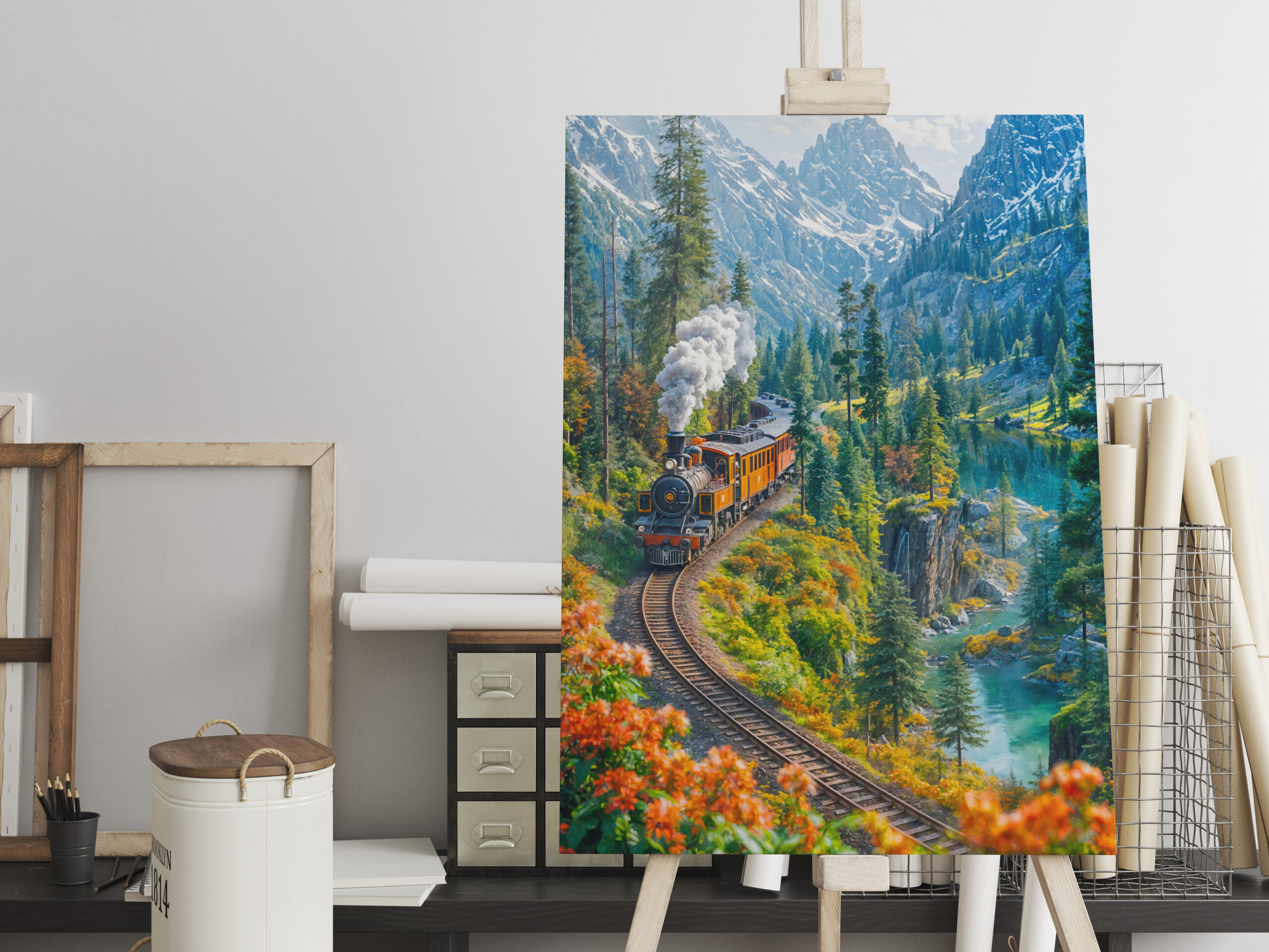 raxxa Canva: Miniature steam train in alpine forest