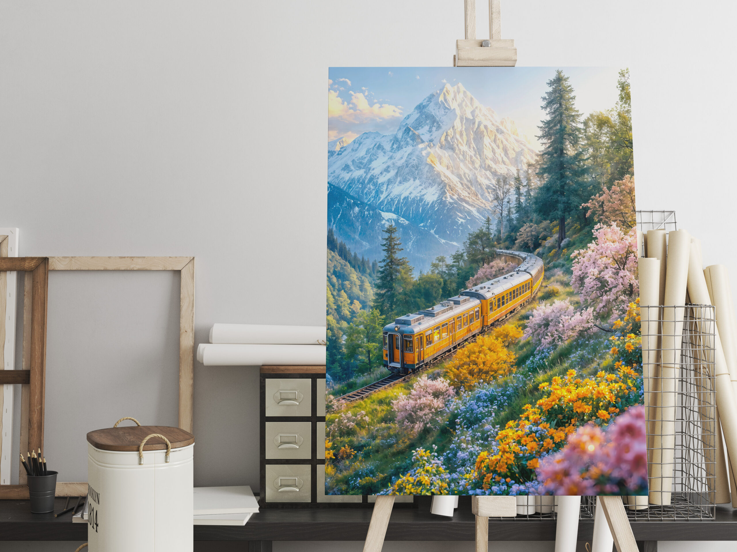 raxxa Canva: Miniature train in blooming alpine spring