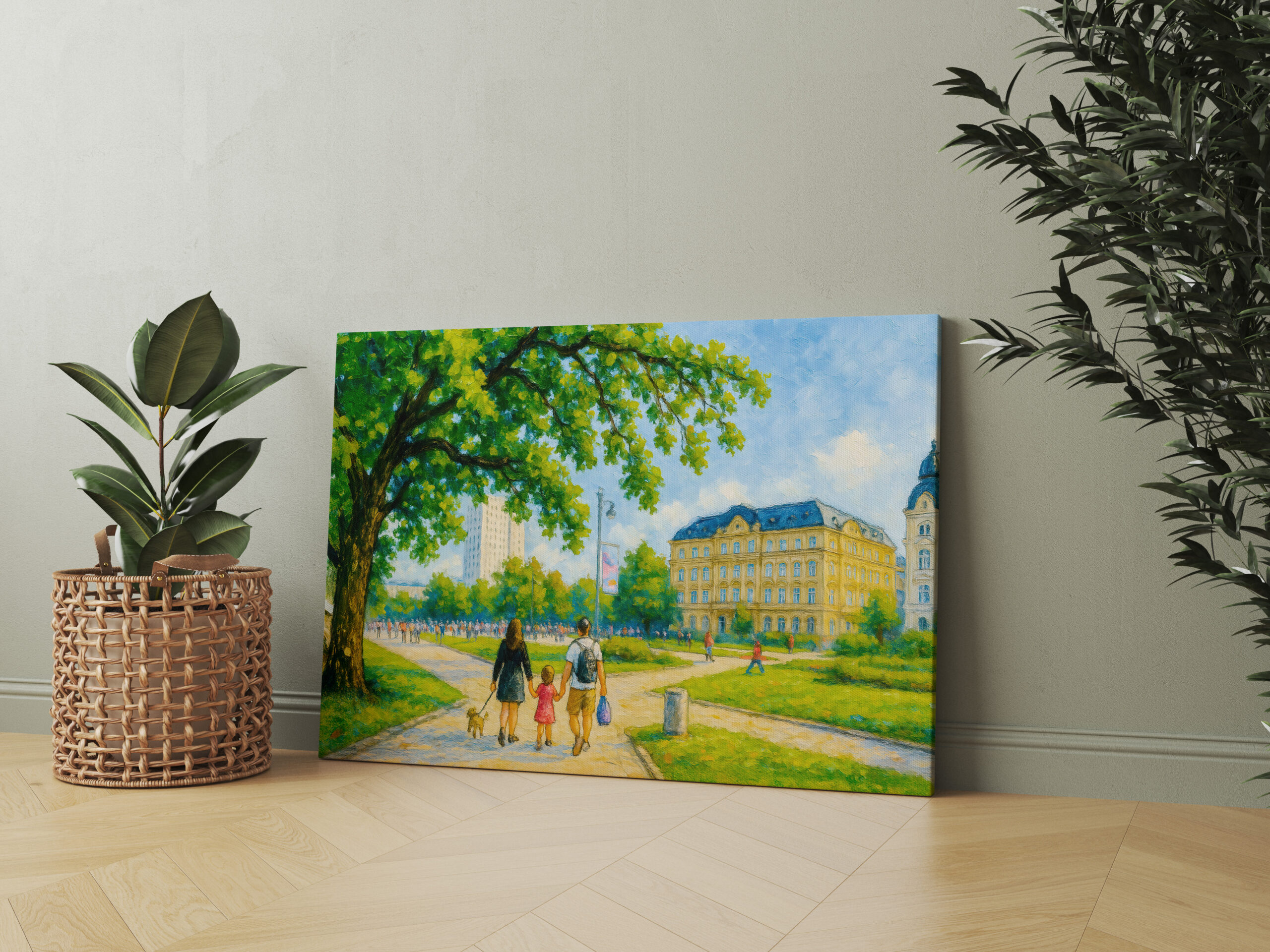 raxxa Canva: Park stroll in Warsaw oil painting with trees and skyline