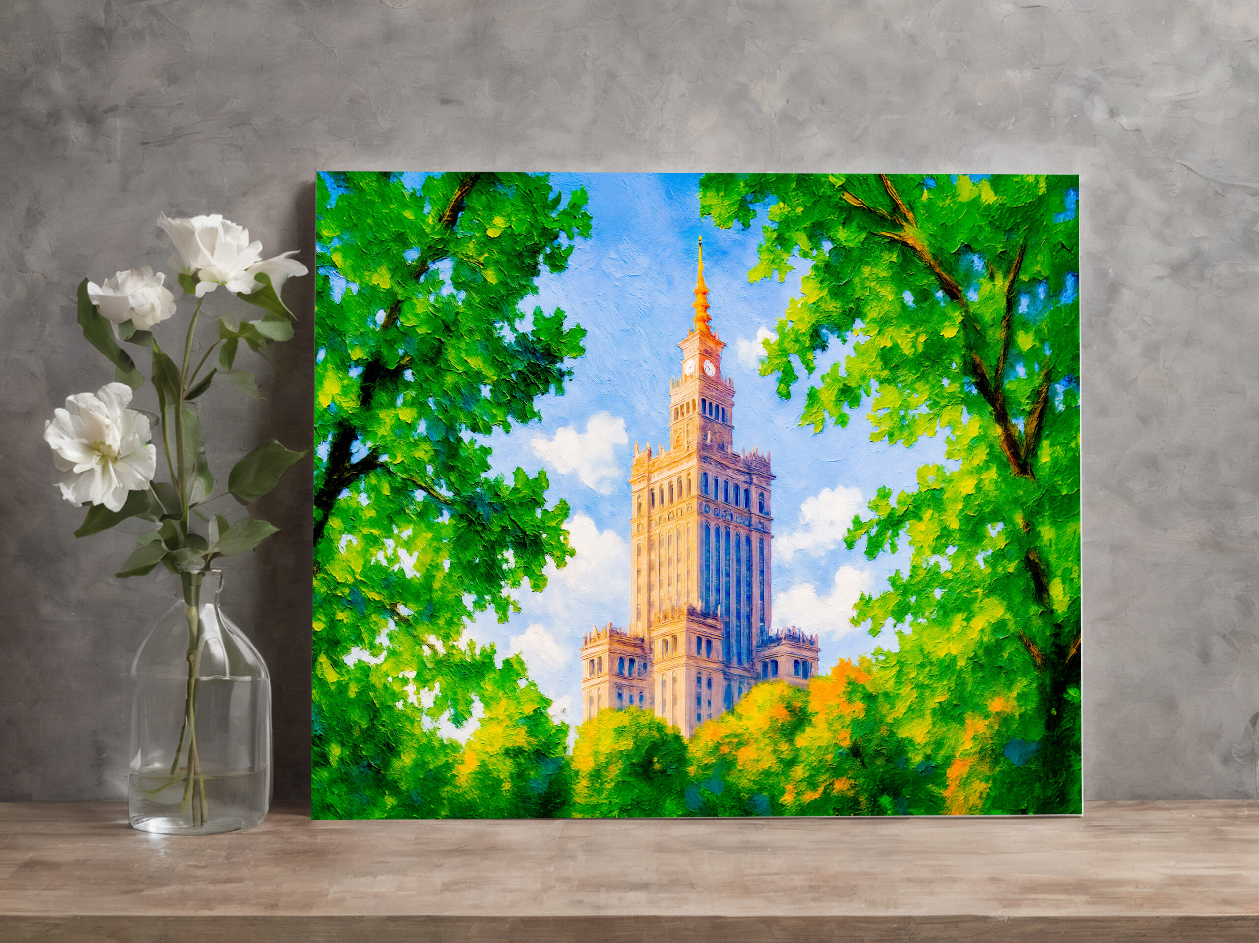 raxxa Canva: Palace of Culture Warsaw oil painting with foliage frame