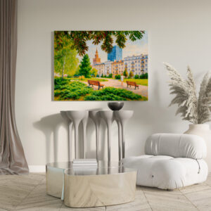 raxxa Canva: Park view with Warsaw skyline colorful oil painting
