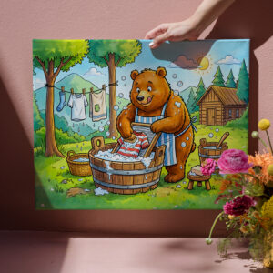 raxxa Canva: Bear Washing Laundry Outdoors in Forest