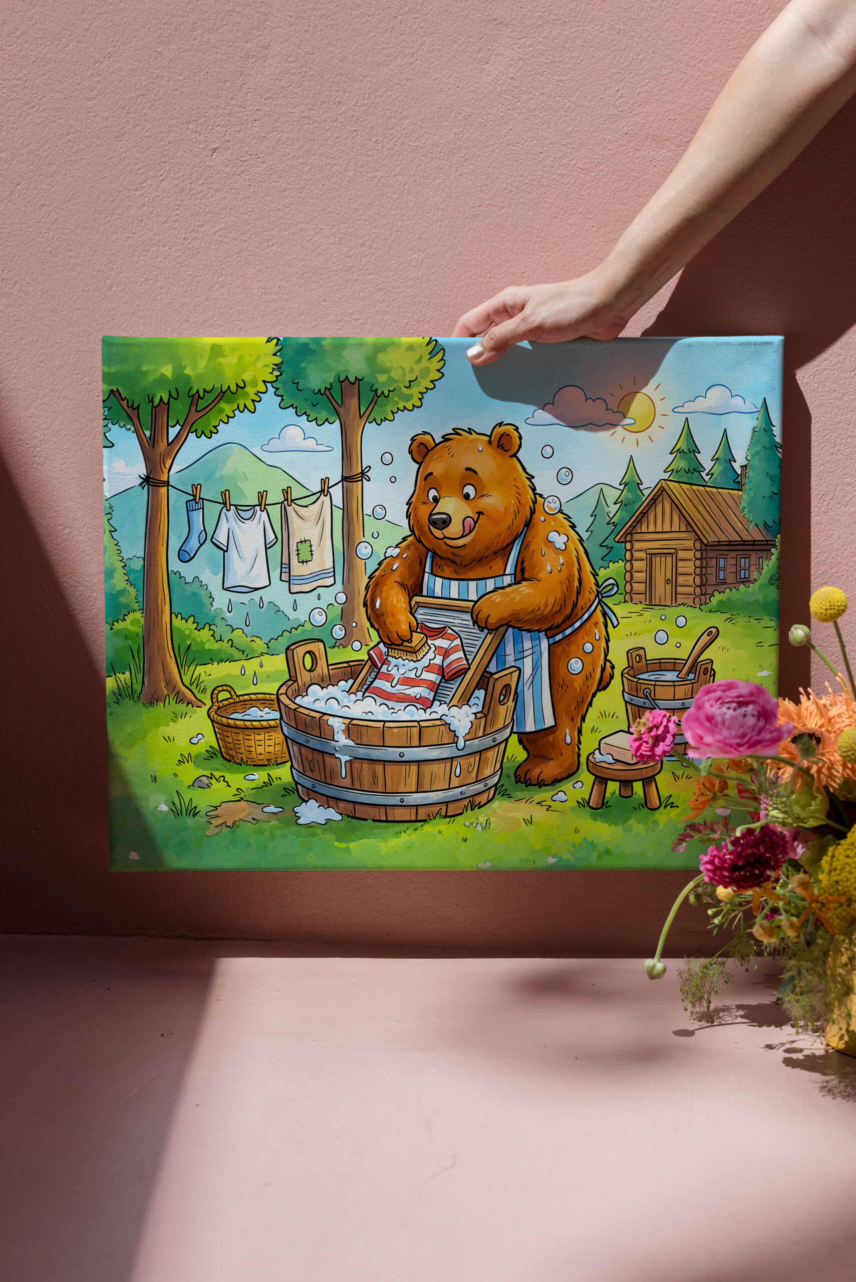raxxa Canva: Bear Washing Laundry Outdoors in Forest