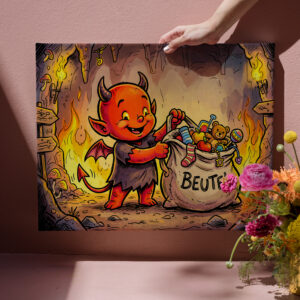 raxxa Canva: Little Devil Carrying a Large Bag in Fiery Cave