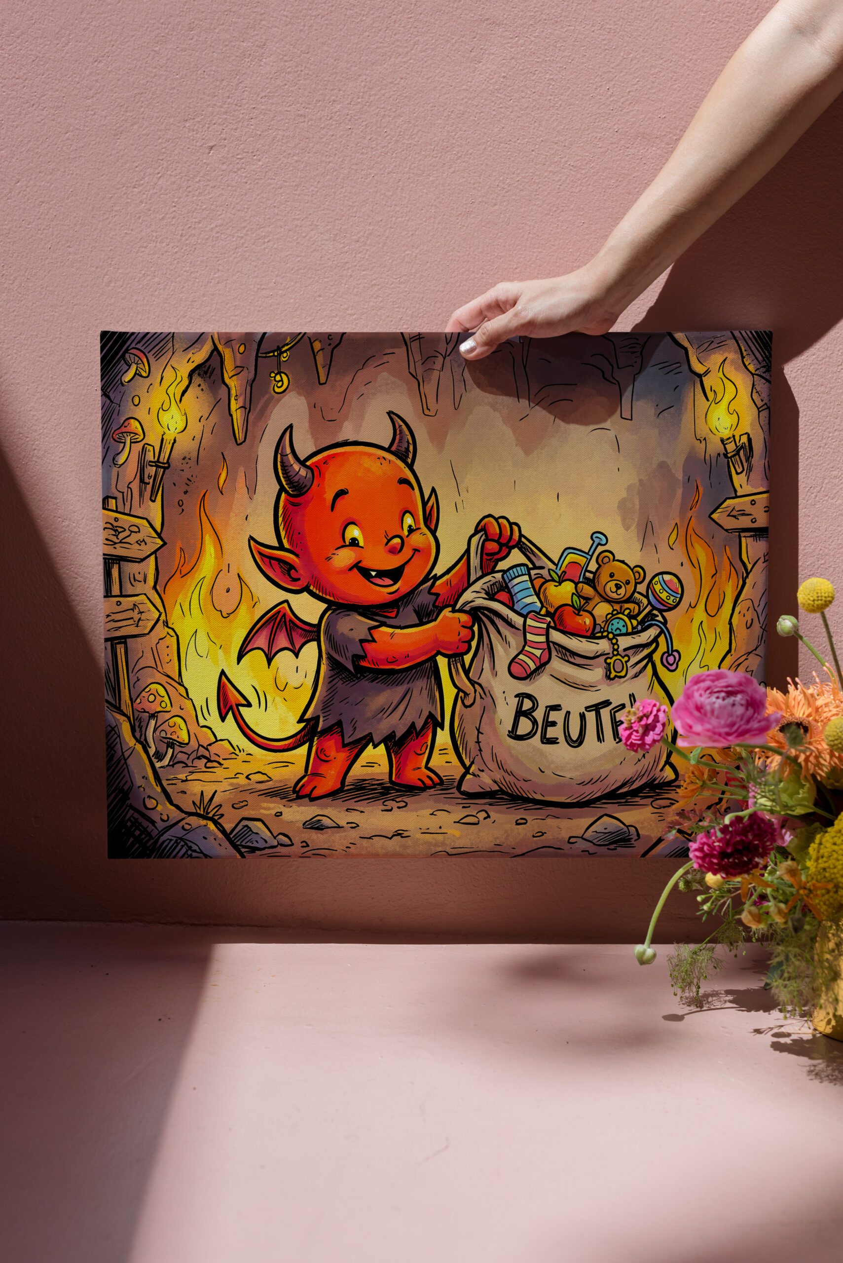 raxxa Canva: Little Devil Carrying a Large Bag in Fiery Cave
