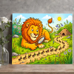 raxxa Canva: Lion Observing a Line of Ants with Magnifying Glass