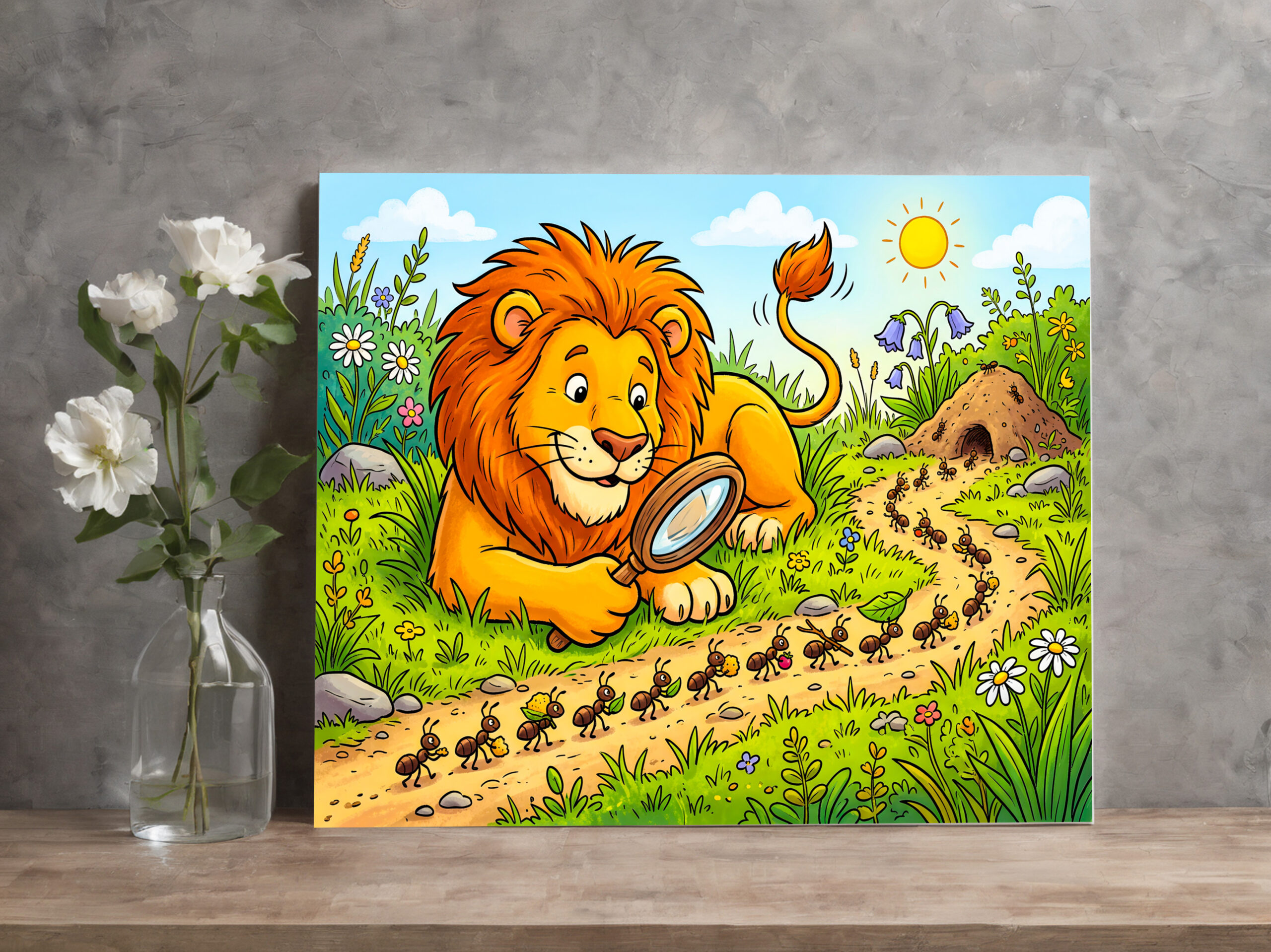 raxxa Canva: Lion Observing a Line of Ants with Magnifying Glass