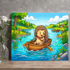 raxxa Canva: Hedgehog Rowing a Small Boat on a Calm Lake