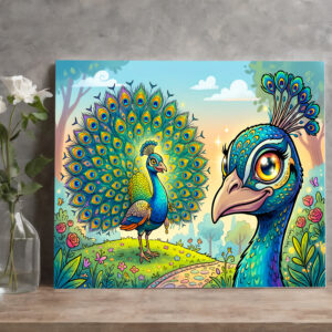 raxxa Canva: Peacock Holding a Large Cartoon Eye Outdoors