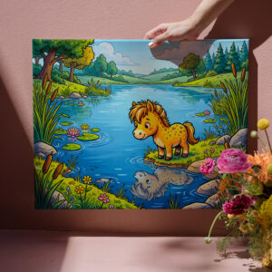 raxxa Canva: Small Pony Standing Beside a Lake in Peaceful Nature
