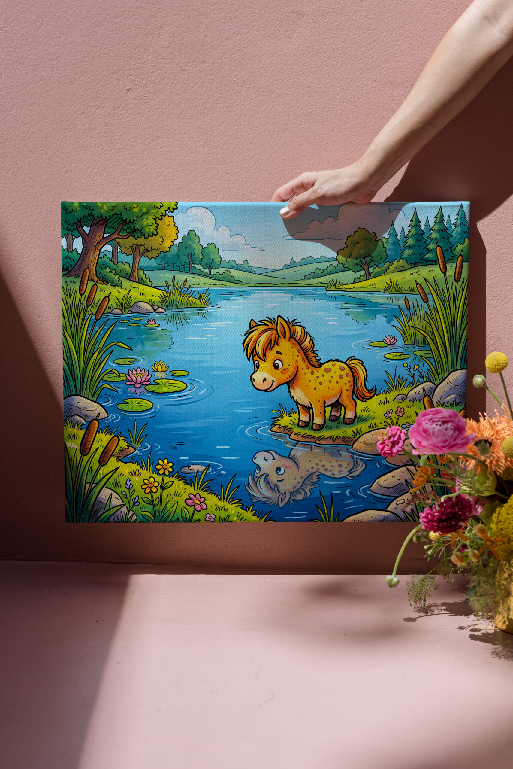 raxxa Canva: Small Pony Standing Beside a Lake in Peaceful Nature