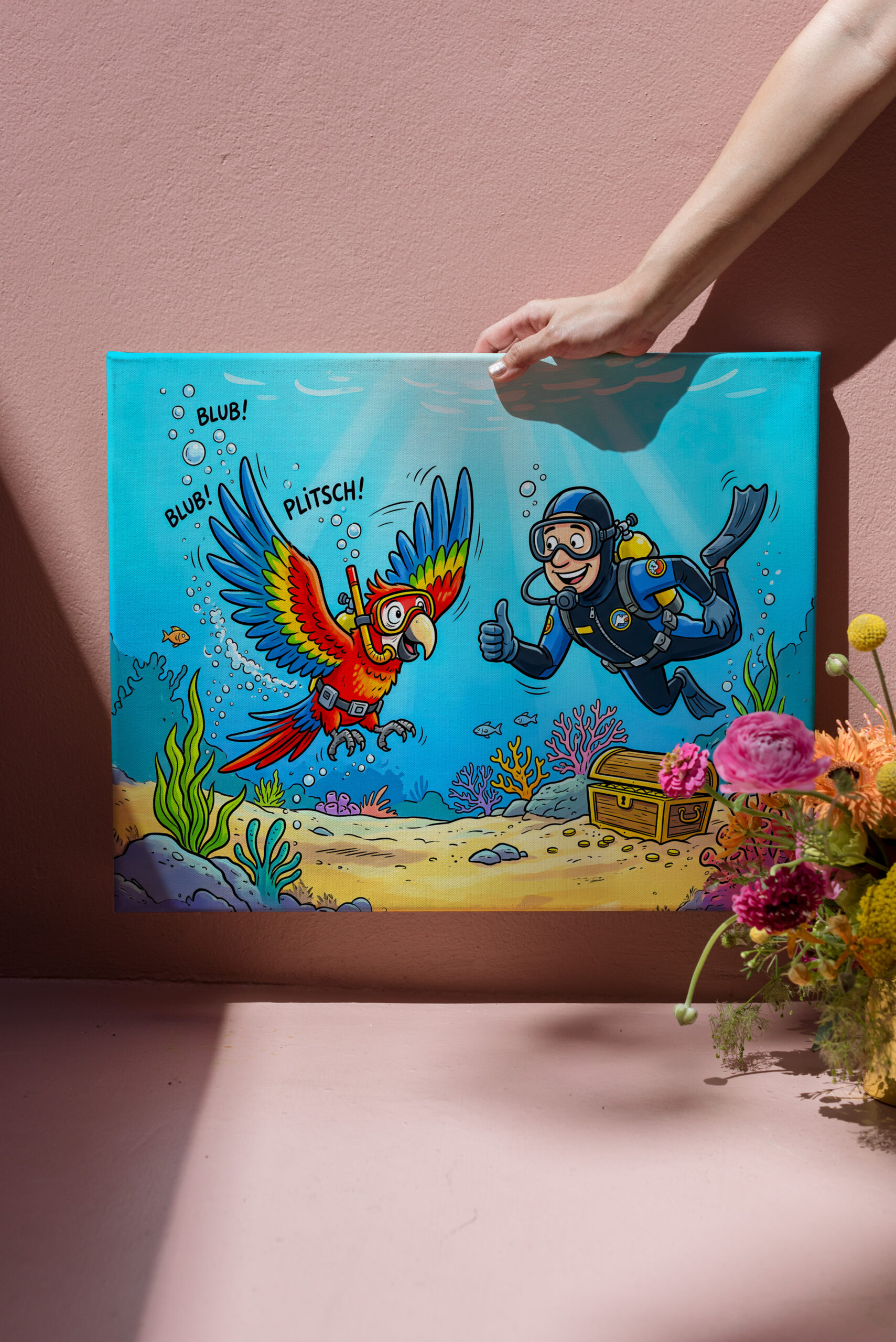 raxxa Canva: Parrot and Diver Underwater in Colorful Ocean Scene