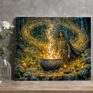 raxxa Canva: Dynamic Fantasy Wizard with Glowing Magical Cauldron