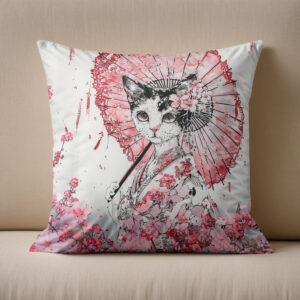 Kissen: Serene Geisha Cat with Red Parasol and Cherry Blossoms in Chinese Ink Painting Style