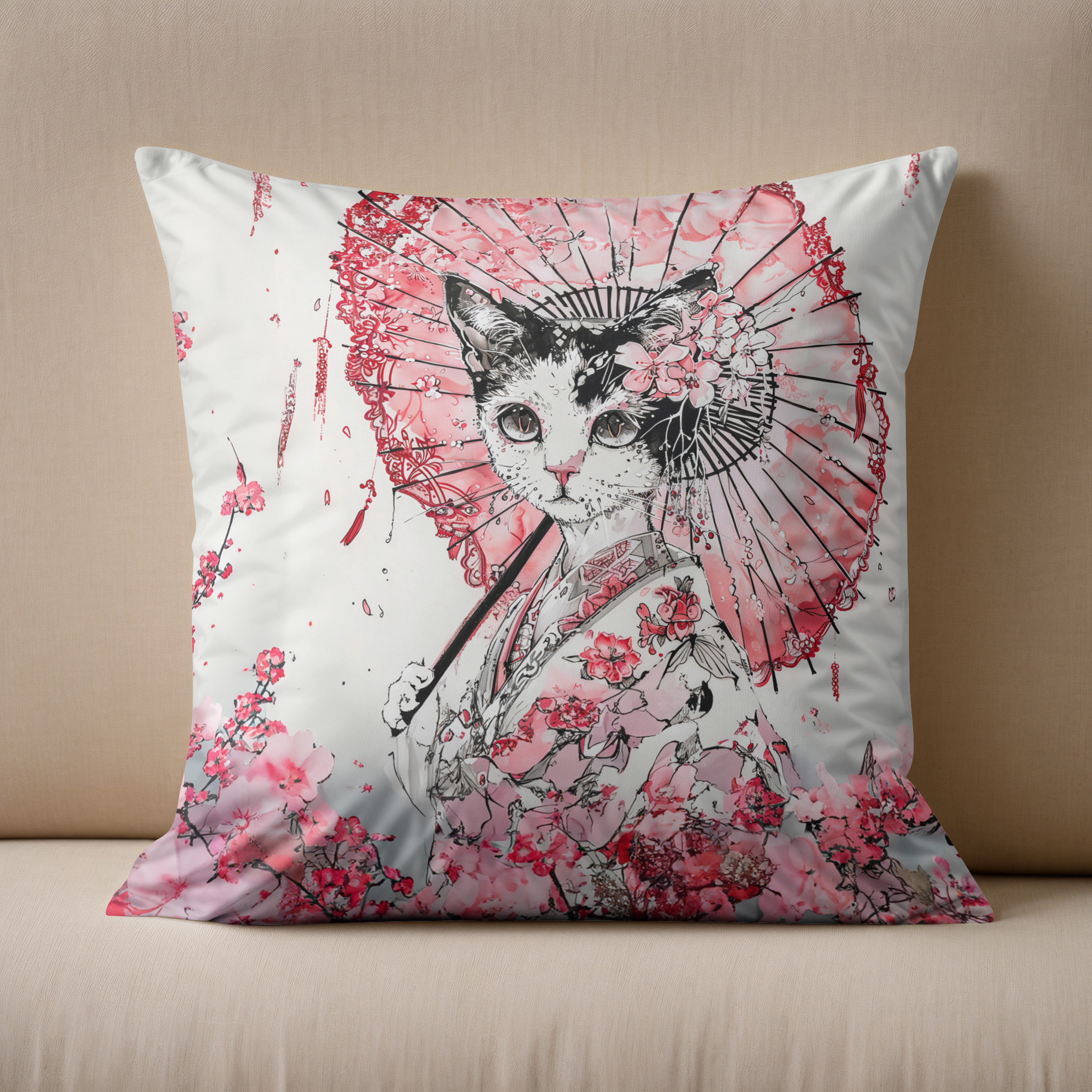Kissen: Serene Geisha Cat with Red Parasol and Cherry Blossoms in Chinese Ink Painting Style