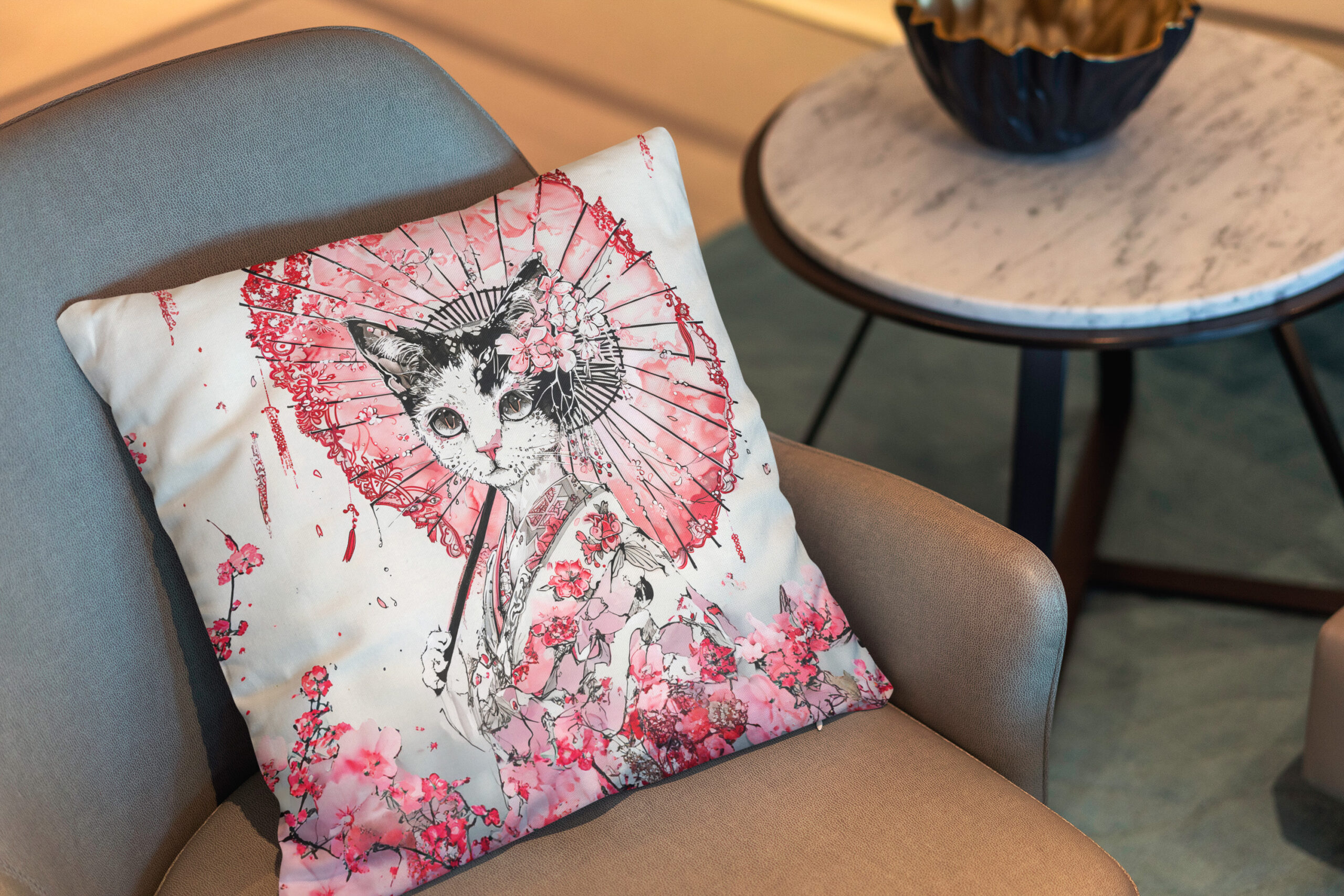 Kissen: Serene Geisha Cat with Red Parasol and Cherry Blossoms in Chinese Ink Painting Style - immagine 2
