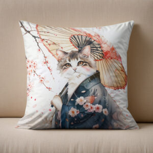 Kissen: Noble Geisha Cat with Bamboo Umbrella in Chinese Ink Painting
