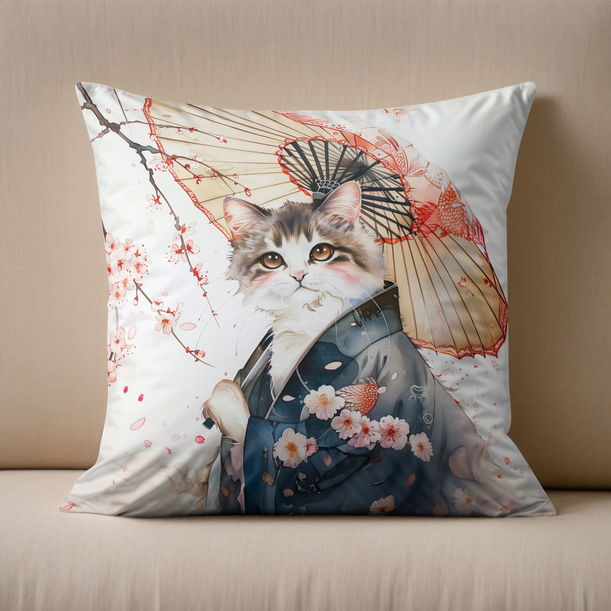Kissen: Noble Geisha Cat with Bamboo Umbrella in Chinese Ink Painting
