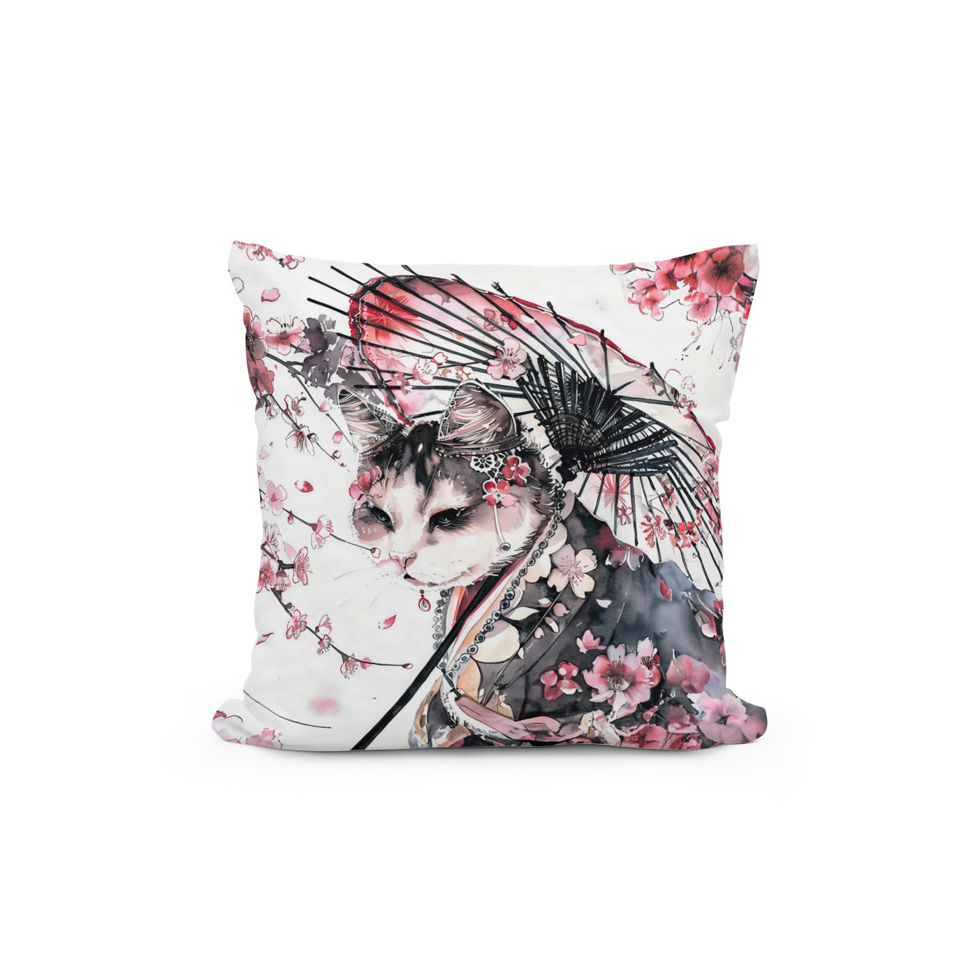 Kissen: Geisha Cat with Parasol and Cherry Blossoms in Chinese Ink Painting – Bild 2
